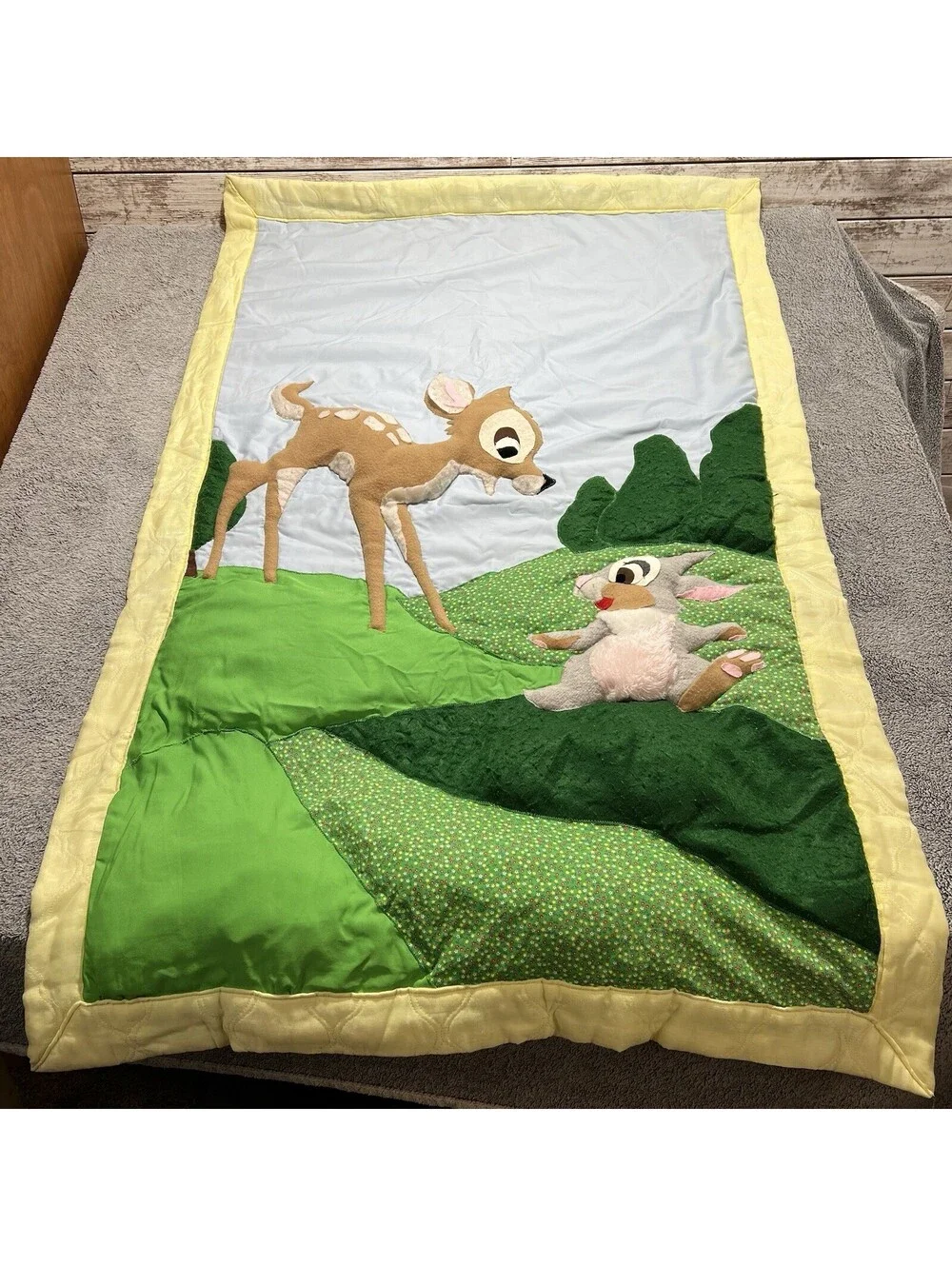Vintage Disney Bambi and Thumper Felt Baby Quilt Blanket Wall Hanging 35” x 56”